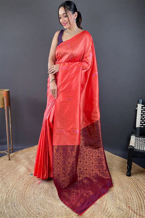 Dalliance Peach Soft Banarasi Silk Saree With Imbrication Blouse Piece ...