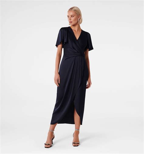 Shop Navy Estelle Flutter Sleeve Midi Dress Online