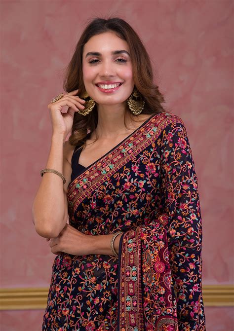 Buy Navy Blue Threadwork Georgette Saree - Koskii