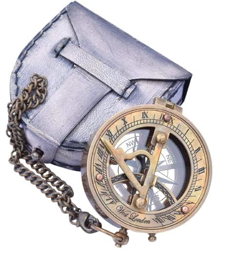 3 inch Handmade Brass Sundial Compass with Chain & Leather Case Antique ...