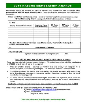 Fillable Online nascoe 40 YEAR MEMBERSHIP AWARD - nascoe Fax Email ...