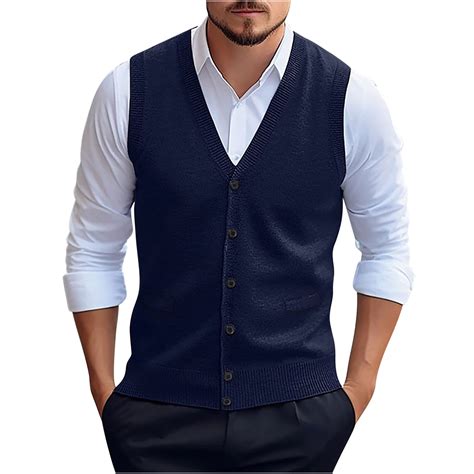 Qunyiney Blue Mens Sweater Vest Fall Cardigan Solid Casual Sleeveless ...