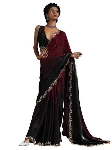 Buy SAREE MALL Women's Maroon Satin Silk Beads & Stones Saree With ...