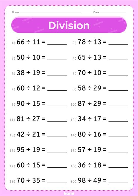 Division Worksheet Purple for Teachers | Perfect for grades 5th, 6th ...
