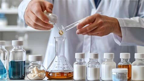 A scientist is pouring liquid into a beaker that is labeled with the ...