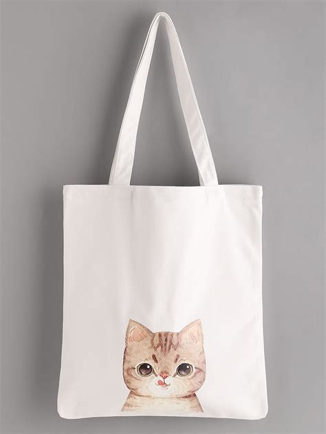Cat Print Linen Tote Bag -SheIn(Sheinside)