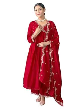 Buy Naixa Women's Red Vichitra Silk Embroidered A-line Kurta with ...