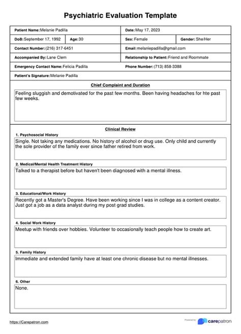 Psychiatric Evaluation Template & Example | Free PDF Download