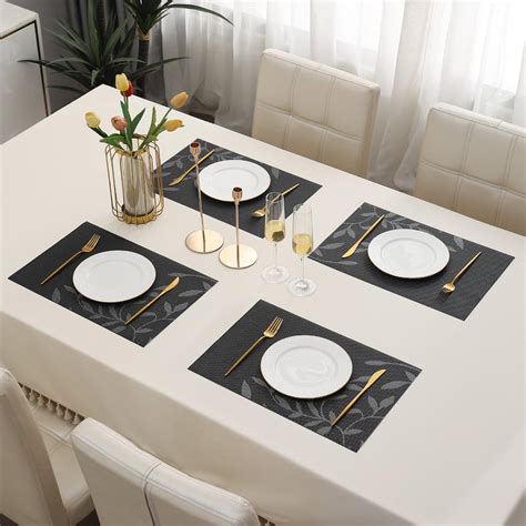 Stylish Black Leaf Dining Table Placemats With Matching Runner | HOKIPO ...