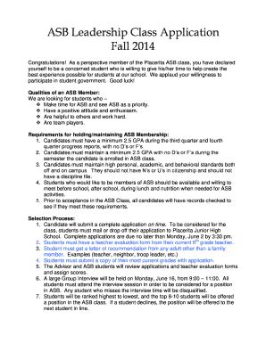 Fillable Online hartdistrict ASB Leadership Class Application Fall 2014 ...