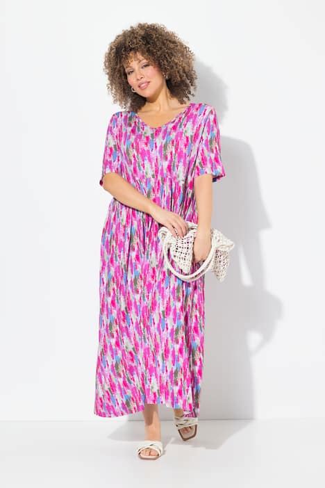 Cactus Print Short Sleeve Dress, black | Ulla Popken