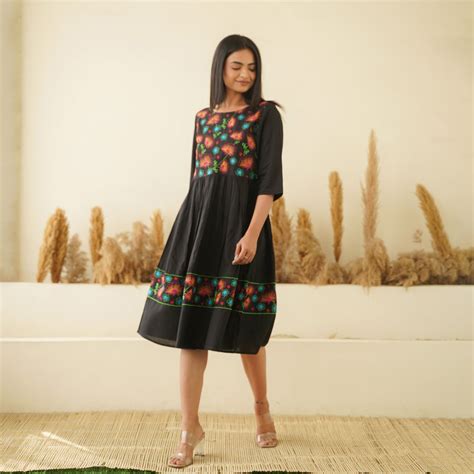 Floral Embroidery on Black Mom and Daughter Rayon Dresses – Fashiana