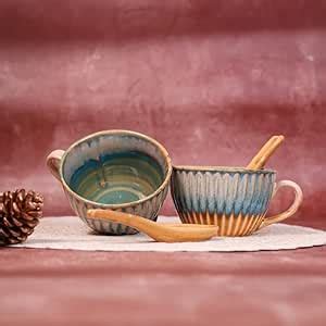 Buy ERRAI Ceramic Soup Bowl Set of 2 with Matching Spoons (300 Ml Each ...