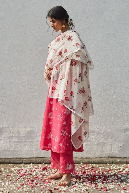 Buy Fuchsia Handloom Cotton, Chanderi Embroidery V-neck Jasmine Print ...