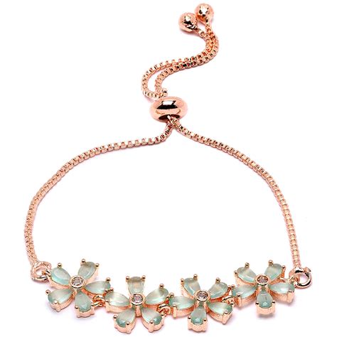 Rose Gold-Plated Floral Shaped Sea Green American Diamond Studded Brac