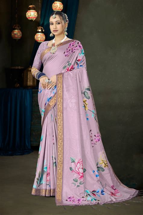 982007 Bollywood Style Soft Crepe Silk Flower Print Saree with Zari We ...