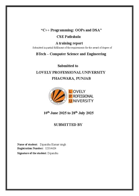 BTech CSE Training Report: OOPs & DSA at CSE Pathshala - Studocu