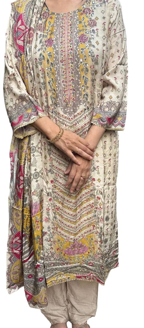 Cream Premium Muslin Printed Kurta Set with Dupatta – Candi