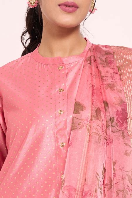 Pink Printed All - Over Festive Three-Quarter Sleeves Mandarin Collar ...