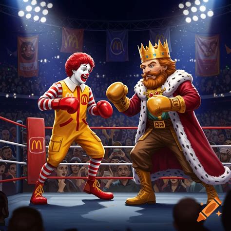 Ronald McDonald and Burger King in boxing gear face off in a brightly ...