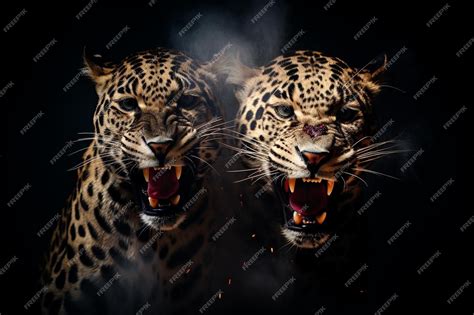 Premium Photo | Portrait of two leopard in a dark background angry jaguars with fire and smoke ...