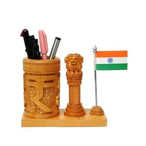 Big7 Stores Wooden Pen Stand for Office Table Stylish with Ashok Stambh ...