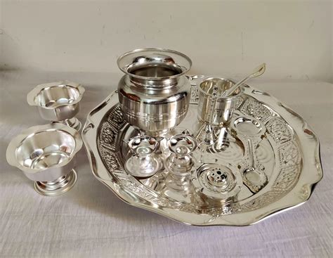 PujaCelebrations White Metal Pooja Set, Thali, 5 face Diyas Set, Pancha ...