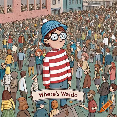 Cartoon illustration of Waldo standing in a large crowd with a 'Where's ...