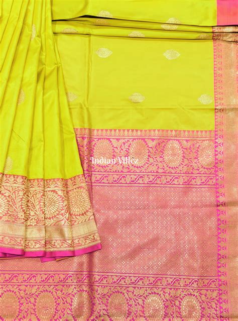 Yellow Pink Designer Banarasi Katan Silk Saree – IndianVillèz