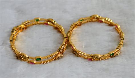 Antique gold tone ruby-green-white peacock set of 4 bangles(2.8) dj-46 ...