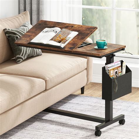 Tribesigns Height Adjustable C Shaped End Table with Wheels and Side ...