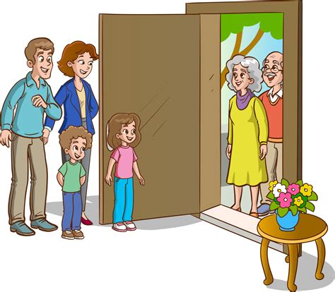 family welcoming guests at the door 12576777 Vector Art at Vecteezy