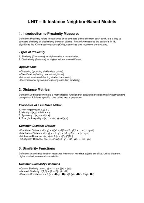 Unit II: Proximity Measures in ML - Similarity & Dissimilarity - Studocu