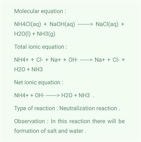 [Solved] 12. Ammonium chloride and sodium hydroxide Complete Molecular... | Course Hero