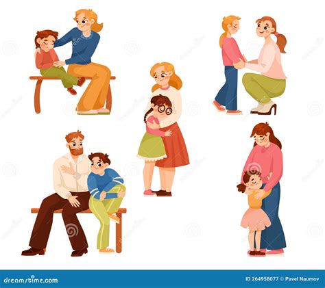 Parents Supporting Children Soothing and Talking To Them Vector Set ...