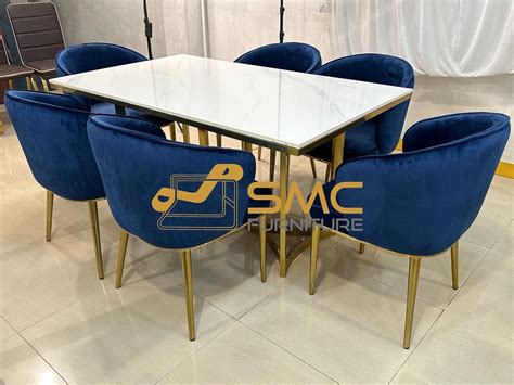 SMC FURNITURE Stainless Steel 6 Seater Marble Top Dining Set Ds7 In ...