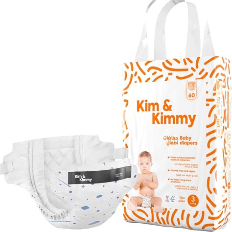 Kim & Kimmy Eco Diapers, Size 3, 6-11 kg, 60 Diapers - 12 Hour Leak Protection, Rash Free ...
