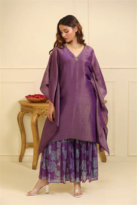 Purple Hand Embroidered silk tissue Kaftan Set with Organza Dupatta ...