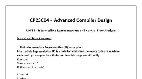 CP25C04 Advanced Compiler Design 2 Marks Question Bank - Studocu