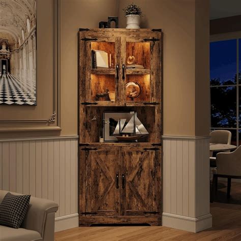 Garvee 67 inch Tall Corner Storage Cabinet with Lights Farmhouse Wooden ...