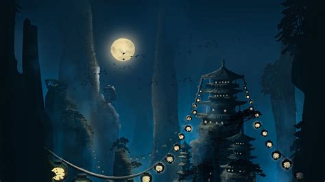 Wallpaper pagoda, flashlights, moon, rocks, night, art hd, picture, image