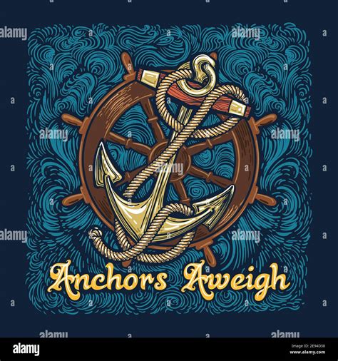 Retro Poster of Anchor in Ropes with Ship Wheel and wording Anchors ...