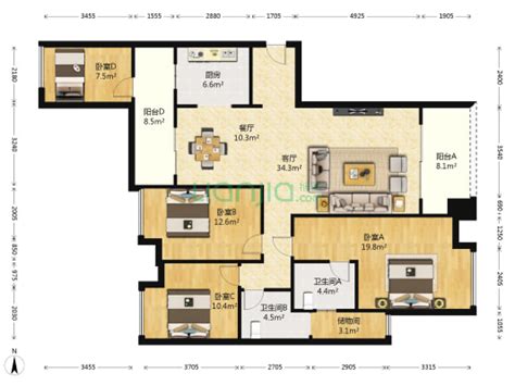 中环国际公寓三期B 户型，中环国际公寓三期2室2厅1卫0厨约83.00平米户型图，朝南朝向 - 上海安居客