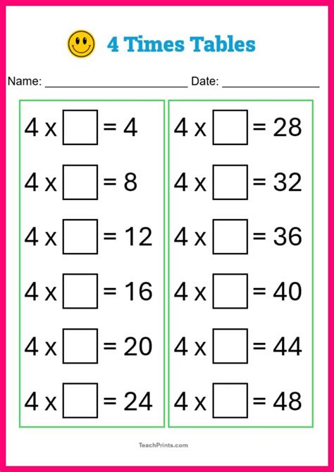 Free Four Times Tables Worksheets (8 Versions) - Teach Prints