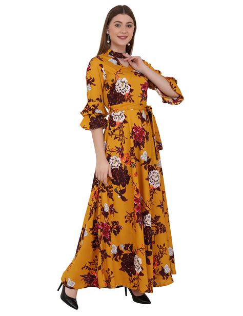 Emeros A-line Floral Print Choker Neck Tie-Waist Ochre Maxi Dress with ...