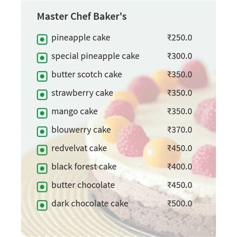 Menu at MASTER CHEF BAKER'S, Zirakpur