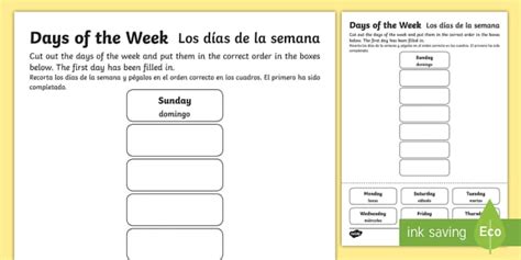 Days of the Week Cut and Stick Worksheet / Worksheet English/Spanish