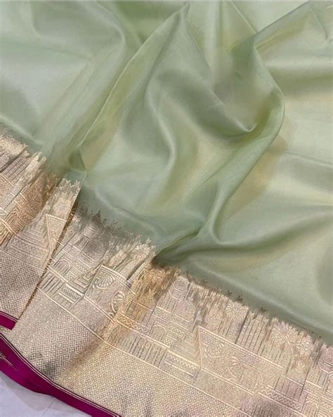 PISTA GREEN ORGANZA SILK SAREE WITH ZARI WEAVED TEMPLE BORDER – TANTURI