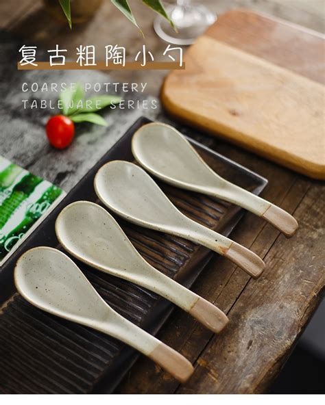 日式手工陶瓷汤匙吃饭勺子粗陶勺餐具碗勺复古家用创意做旧小汤勺-阿里巴巴