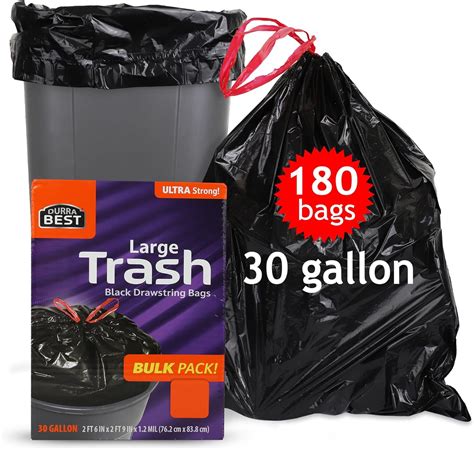 DURRA BEST. 30 Gallon Trash Bags Drawstring | 180 Count Bulk | Black ...